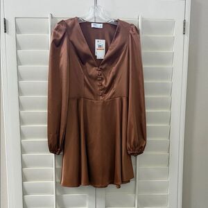 Tinsel Brown Satin Long Sleeve Dress